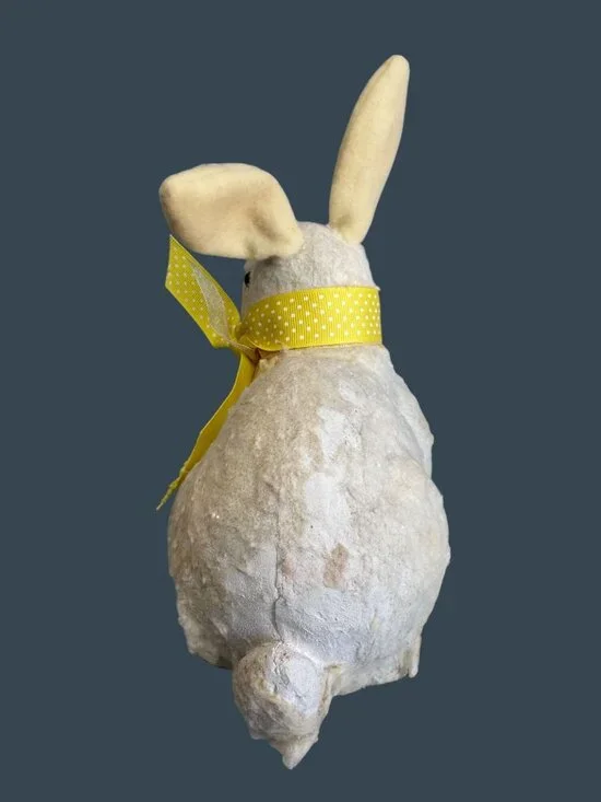 Vintage Flocked Easter Bunny Rabbit Yellow Ribbon 8" Decor Spring Display Worn - Picture 5 of 9